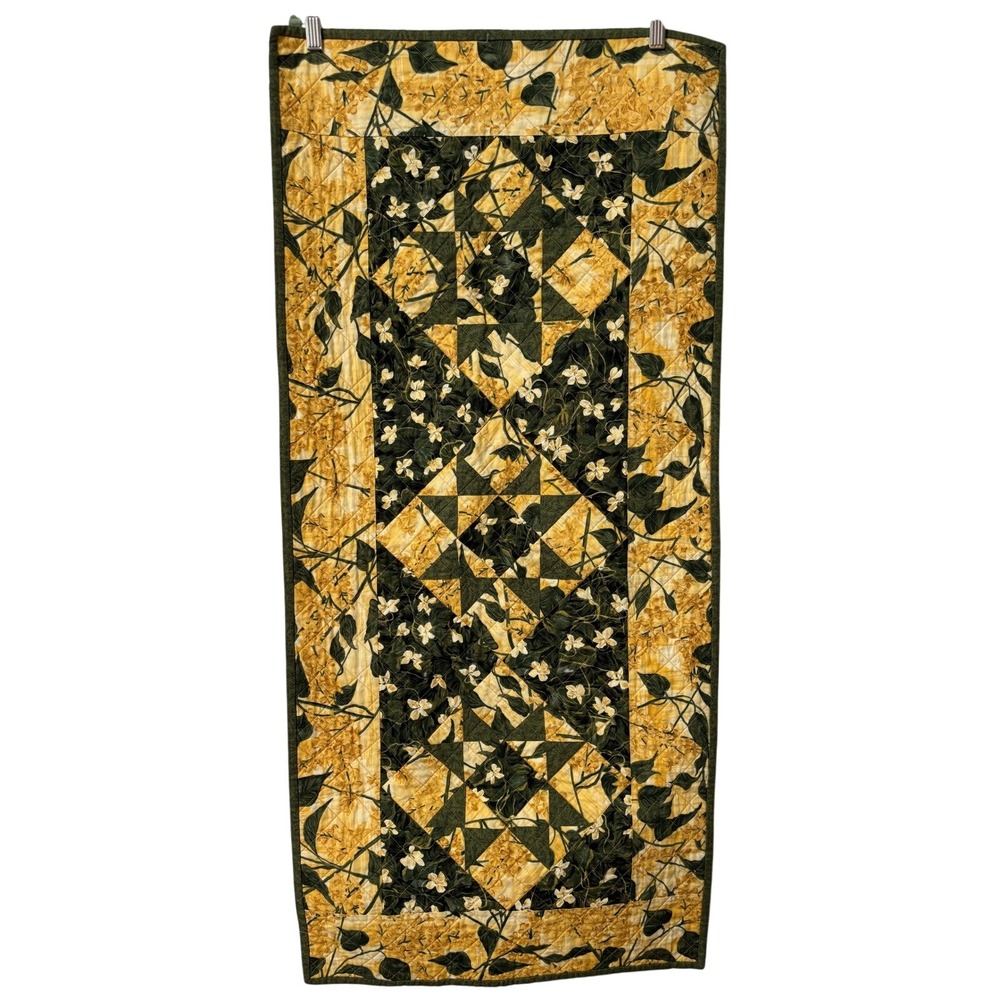 Handmade Quilted Floral Table Runner Wall Hanging Green Yellow Patchwork 44x20